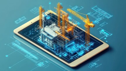 Digital Tablet with Holographic Construction Site Blueprint and Cranes