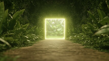 A green forest with a glowing square in the middle. The square is surrounded by green leaves and the forest is lush and vibrant