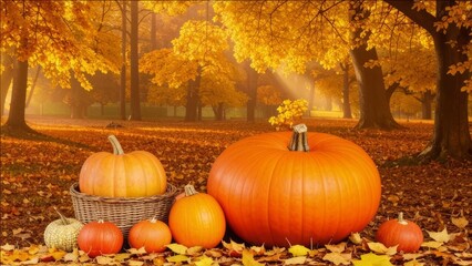 Wall Mural - Harvest of pumpkins on an autumn background.