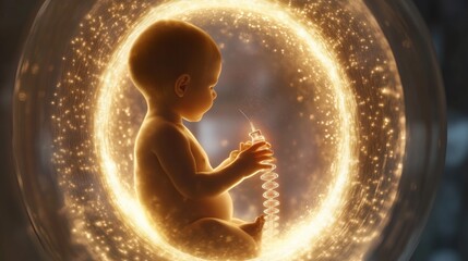 Wall Mural - A baby is inside a glass container with a glowing yellow light surrounding it. The baby is holding a long, thin object in its hand. Concept of wonder and curiosity