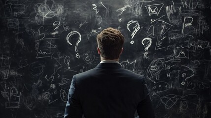 Aufkleber - A businessman contemplates various questions illustrated on a chalkboard, symbolizing curiosity and the search for solutions.
