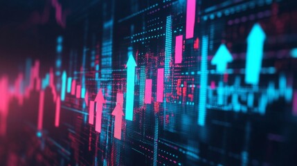 Fototapete - A visually striking representation of financial data, featuring vibrant upward arrows and a digital backdrop, symbolizing growth and trends in the market.