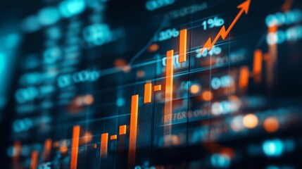 Fototapete - A close-up of a digital stock chart displaying vibrant orange bars and upward trends, indicative of market analysis and financial growth.
