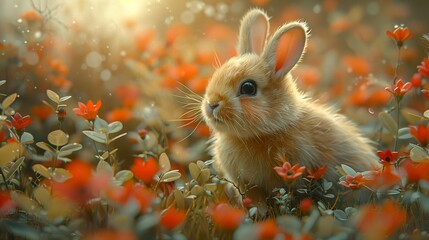 Sticker - Cute Fluffy Bunny in a Field of Flowers