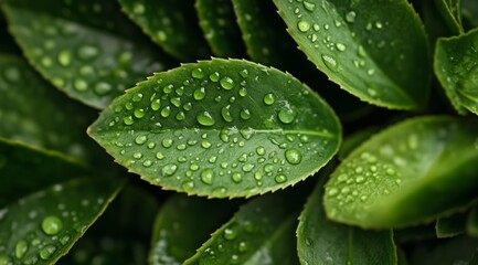 A leaf with water droplets on it. The droplets are small and scattered, giving the impression of a light rain. The leaf is green and he is fresh and healthy