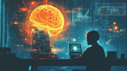 Wall Mural - A Silhouette of a Person Working on a Laptop with a Glowing Brain Behind Them