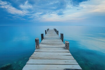 Wooden pier stretching out into the ocean at sunset