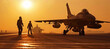 © Anoo - F20 fighter jet prepares for takeoff at sunset with crew walking nearby on the runway, showcasing sleek design and military presence in a breathtaking sky