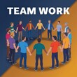 © Rimsha - Teamwork Banner Background Corporate meeting. Employees cartoon characters discussing business strategy and planning further actions. Brainstorming, formal communication, seminar concept illustration