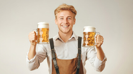 A cheerful young man dressed in traditional Bavarian attire raises two mugs of beer, showcasing his excitement for Oktoberfest in a festive atmosphere