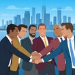 © Rimsha - Teamwork Banner Background Corporate meeting. Employees cartoon characters discussing business strategy and planning further actions. Brainstorming, formal communication, seminar concept illustration