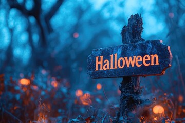 Wall Mural - Halloween wooden sign indicating halloween party in forest at night