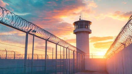 A high prison fence with barbed wire and guard tower illuminated by sunset light creates a striking view of security and confinement