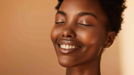 Elegant woman with a subtle beauty smile, her skin a reflection of wellness and self-care, against a minimalisti beige studio background