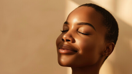 Elegant woman with a subtle beauty smile, her skin a reflection of wellness and self-care, against a minimalisti beige studio background