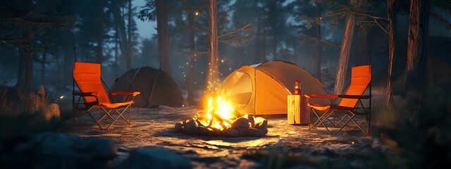 A campfire with chairs and tents in the background, capturing outdoor camping activities for adventure enthusiasts.