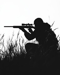 Hunter Silhouettes in Action with Army Dog and Munition on Black Background