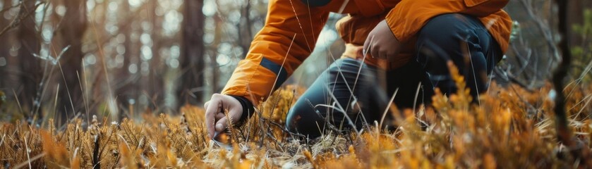 Person exploring nature, collecting plants in a forest during autumn.