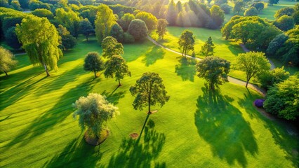 Sticker - A serene vista of verdant foliage and sun-dappled pathways, a captivating aerial perspective of nature's tranquility