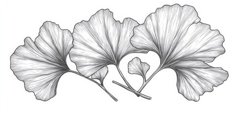 Ginkgo Leaves. Hand Drawn Illustration of Black Ginkgo Leaf on White Background