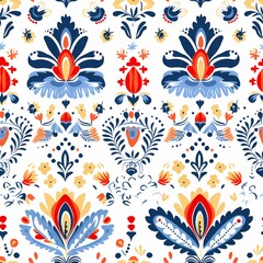 A vibrant floral pattern featuring symmetrical and colorful decorative elements.