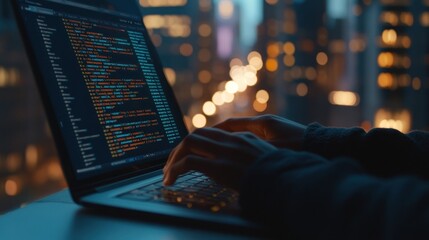 A person coding on a laptop with a city skyline in the background at dusk.