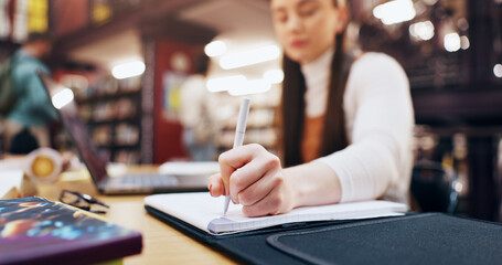 Poster - Research, writing and notebook with student in library for knowledge, education and college thesis. Academy, future and university with person and studying on campus for exam, project and scholarship
