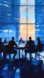 © Kitta Studio - A diverse group of business professionals engaged in a meeting around a conference table with a city skyline in the background.