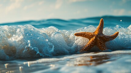 A dramatic shot of a starfish partially submerged in the surf, with waves gently rolling over it, illustrating the constant ebb and flow of ocean life