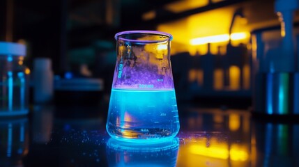 Leinwandbilder - A laboratory beaker filled with a glowing blue liquid sits on a reflective surface