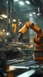 © Vendula - A robotic arm in an industrial factory is operating on the production line, creating a high-tech and futuristic atmosphere.