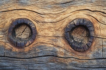 An old, brown, cracked board with two small rounded spots - a place from a branch and stripes at the bottom (macro, top view, horizontal, texture)  - generative ai