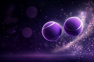 Two vibrant purple tennis balls in mid-air, surrounded by dynamic sparkles and light trails against a dark background, creating a futuristic and energetic visual of motion and power