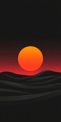 Sticker - A black and orange sunset with a large sun in the sky. The sun is surrounded by a dark sky with stars