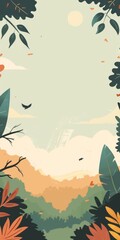 Sticker - Minimalist nature illustration featuring lush foliage, birds, and a serene sky, perfect for backgrounds and nature-themed designs.