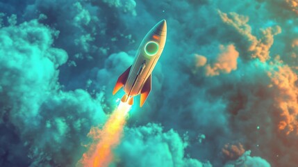 Fototapete - A rocket ascends through a sky filled with teal and orange clouds, its engine emitting a bright orange flame.
