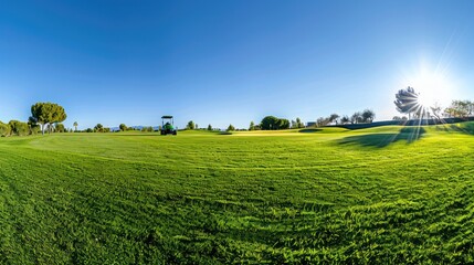 Sticker - Golf Course with Green Grass and a Golf Cart in the Distance