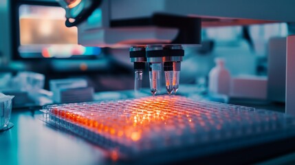 Poster - Two precise syringes dispense liquid into a multi-well plate under a bright examination light in a high-tech laboratory setting. Researchers are likely conducting experiments or tests.