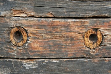 An old, brown, cracked board with two small rounded spots - a place from a branch and stripes at the bottom (macro, top view, horizontal, texture)  - generative ai