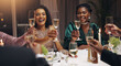 © LuxeShutter24/peopleimages.com - Business people, dinner and toast champagne at night in celebration, goal or diversity for success with smile at party. Team, drinks and alcohol for cheers, congratulations and new year at gala event