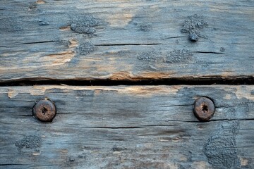 An old, brown, cracked board with two small rounded spots - a place from a branch and stripes at the bottom (macro, top view, horizontal, texture)  - generative ai