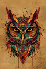 Sticker - Owl head with vibrant tribal designs in a conceptual art piece.