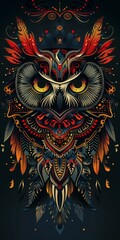 Sticker - Owl head with ornate tribal decorations in a flat lay view.