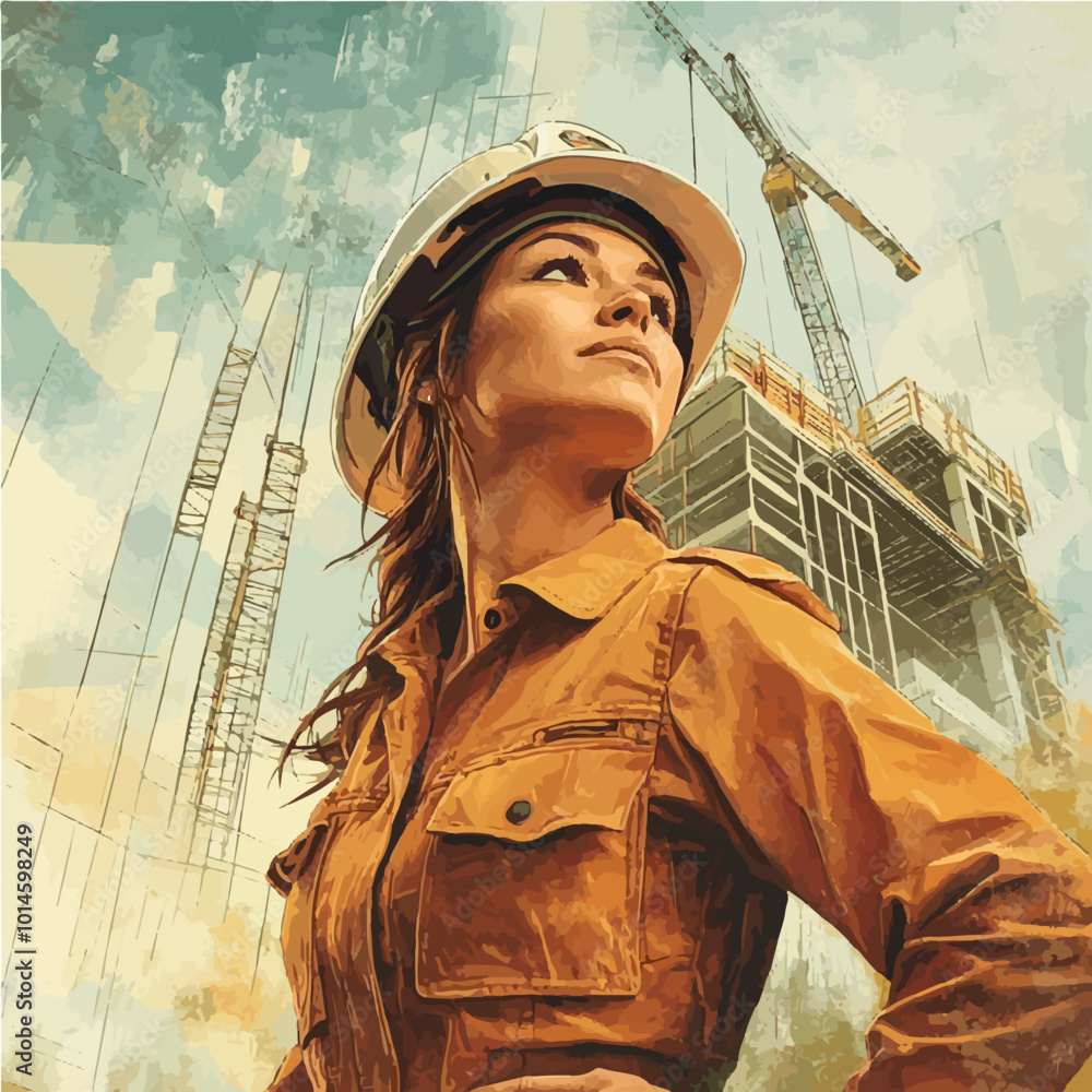 Dynamic vector of a female construction worker standing confidently at ...