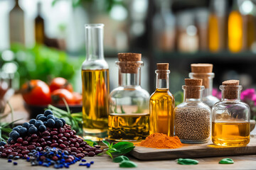 A colorful collection of various oils, spices, and beans is displayed on a wooden table surrounded by fresh tomatoes and herbs in a lively kitchen atmosphere