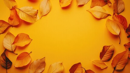 Wall Mural - Circle of leaves on yellow background