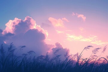 Wall Mural - A beautiful sky with a few clouds and a pinkish hue. The sky is filled with grass and the clouds are scattered throughout the sky