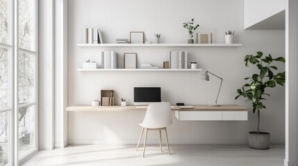 Aufkleber - a bright and airy home office features a clean desk, sleek computer, organized shelves, and a potted