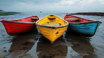 Ferry, three boats parked on the sea, red, yellow and blue boats in that order, large scene, 