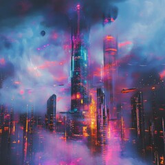 Wall Mural - Surreal cityscape with a futuristic skyscraper, rising from a sea of neon mist and abstract forms.